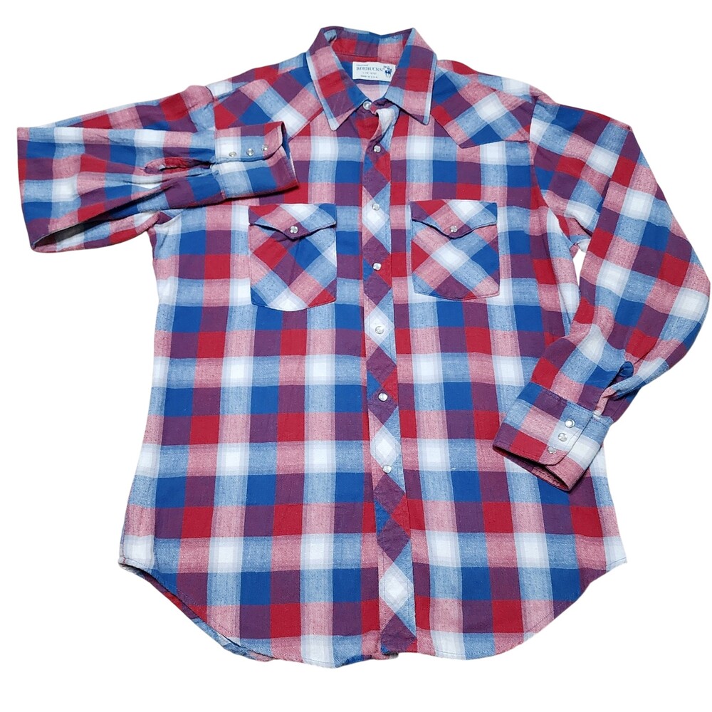 Vintage Roebucks Flannel Shirt Mens Large Red Blue Plaid Western Pearl Snap